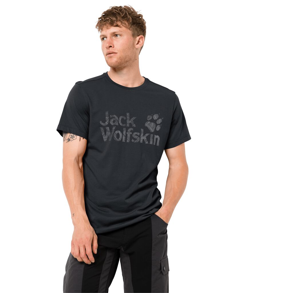 Jack Wolfskin BRAND LOGO Koszulka Męskie - Czarne 0578TEWMX